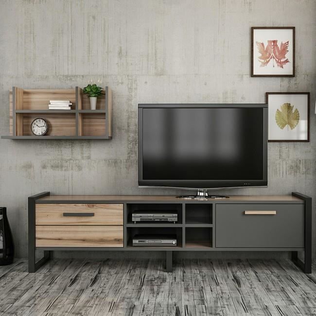 HOMEMANIA Meuble TV Leno Moderne - avec Portes, Étagères - pour Salon - Noyer, Anthracite en Bois, Métal, 184 x 39 x 45 cm