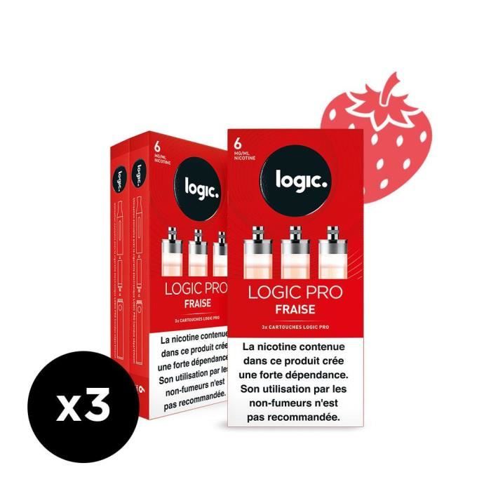 Logic PRO - Goût Fraise - 6 mg - 3 packs de 3 cartouches d’e-liquide.