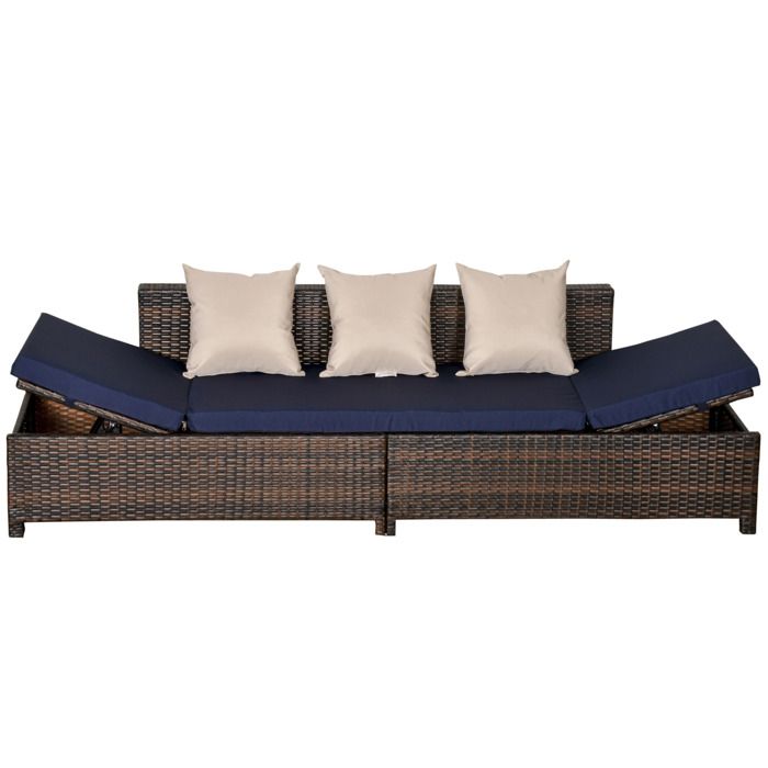 Canapé lit de jardin 3 places inclinable latéralement matelas et coussins inclus résine tressée imitation rotin chocolat