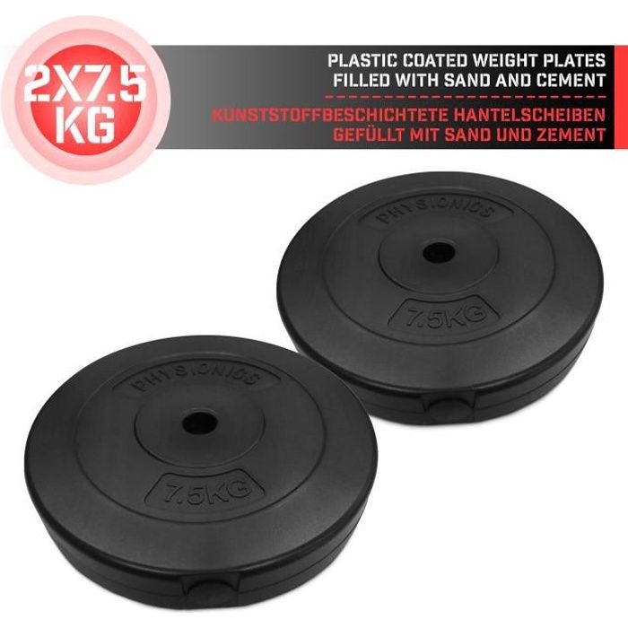 Physionics® Disques de Poids - Set de 2 x 7,5 kg, Ø 27mm, avec Revêtement en Plastique - Plaques pour Haltères, Fitness, Musculation