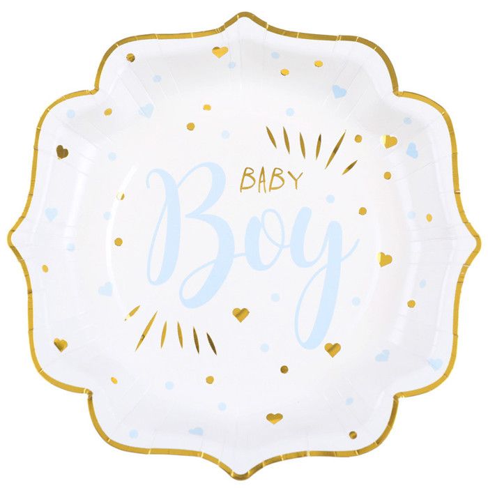 Assiette Baby Shower Boy en blanc, bleu ciel et or métallisé 21cm (x10) REF/7252 matière carton