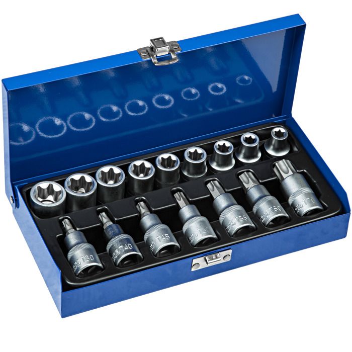 TECTAKE Set Coffret à Outils Boîte, avec 16 Douilles 1/2“ Torx Acier Chrome Vanadium Bleu