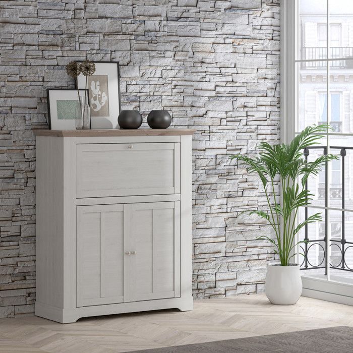Meuble bar 115 cm 1 abattant 2 portes décor chêne blanchi - ANGELE Meubletmoi