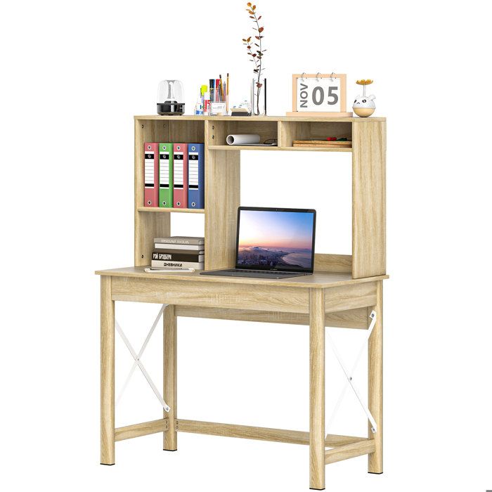 Bureau avec rangement HOMCOM bureau bibliothèque en bois avec étagères et grand plateau pour petits espaces aspect chêne