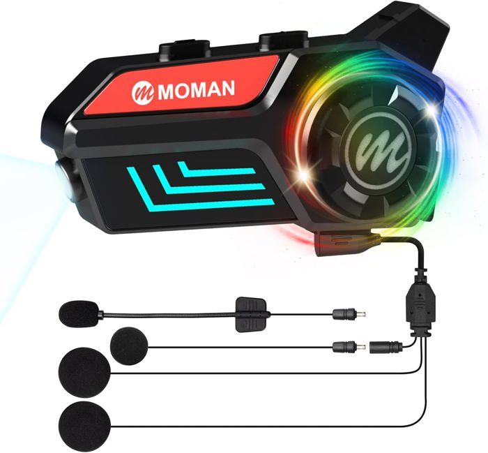 Moman Écouteurs Casque Moto, H4S [Lumière LED&RGB] Kit Main Libre Moto Casque Scooter sans Fil avec Micro AI Commande Vocale Réduction du Bruit IPX6 Étanche, Écouteurs-Main-Libre