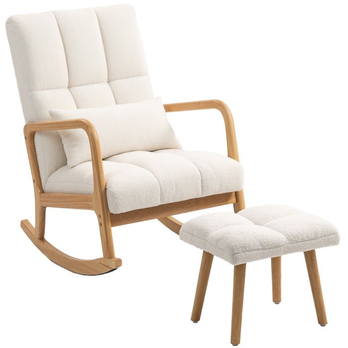 Fauteuil à bascule avec repose-pieds - HOMCOM - tissu bouclette - pieds en bois - 645 x 82 x 89 cm - blanc