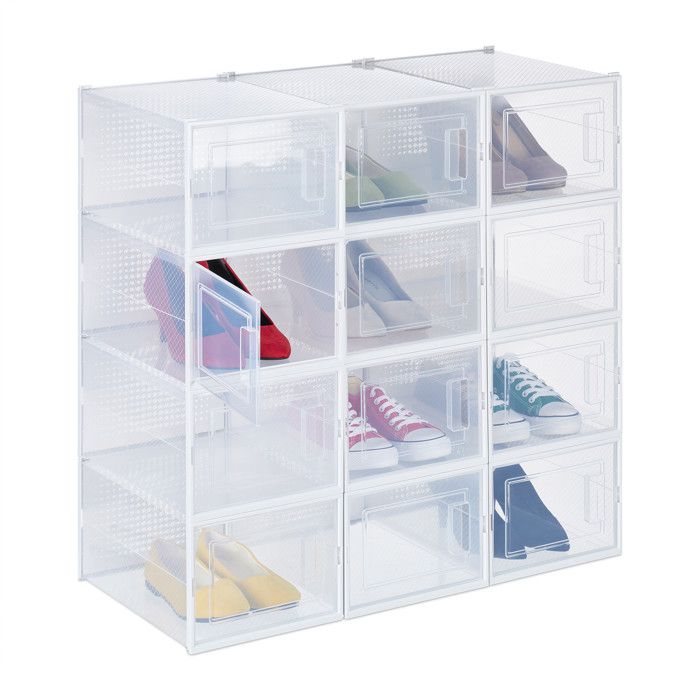 Relaxdays boîtes à chaussures lot de 12 avec porte empilables pointure jusquà 47 casier de rangement transparent