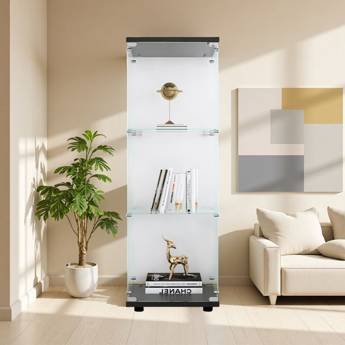 Vitrine en verre - Triple couche - 3 étagères - 125 x 42 x 36 cm - Noir