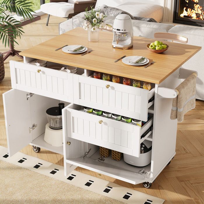 Îlot central cuisine mobile - armoire de cuisine -buffet - table à manger avec espace de rangement - blanc