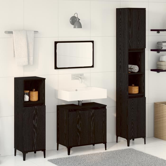Ensemble de meubles de salle de bain - 3 pièces - Chêne noir - Bois dingénierie - Finition mat