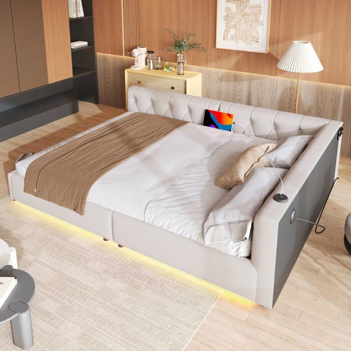 Canapé-lit  140x200cm sommier lattes sans matelas éclairage télécommande tête capitonnée USB+Type-C lin beige  - Sans Matelas