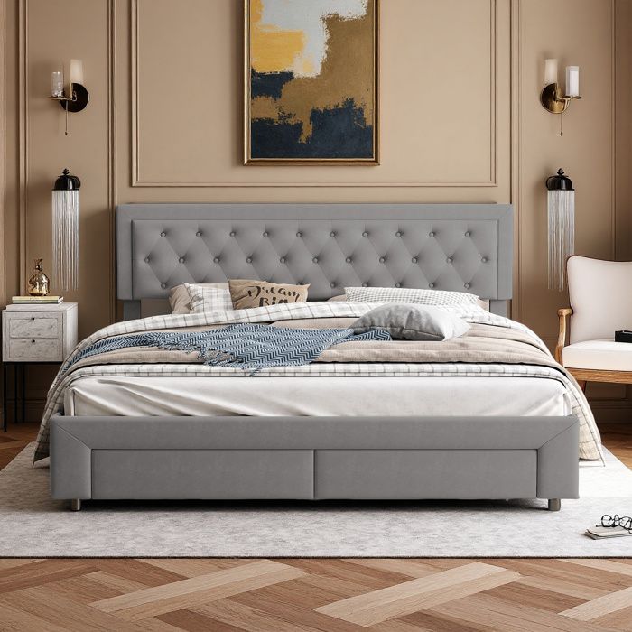 Lit 180x200 cm - COZY - tissu en velours - sommier - hydraulique - cadre de lit adulte 180x200 cm - gris Lit 180x200 cm - COZY - tissu en velours - sommier - hydraulique - cadre de lit adulte 180x200 cm - gris