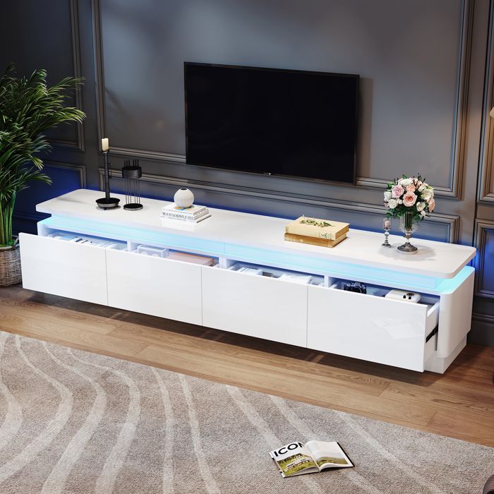 Meuble TV 180x34x40cm - Avec 4 tiroirs - Avec LED - Finition brillante - Blanc