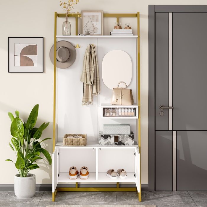 Ensemble vestiaire dentrée 78x38 5x180 5cm - Avec miroir et crochets - Meuble à chaussures - Avec étagères - Blanc