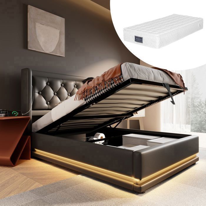 Lit Coffre - SOGEU - 90x200 - LED intégrée - Ports USB/Type-C - Matelas 7 zones inclus