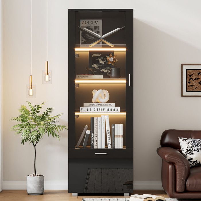 Buffet de salon avec éclairage LED 4 étagères rangement Buffet haute Vitrine noire avec portes acryliques Vitrine de collection