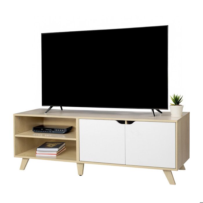 Meuble TV Relaxdays 6 compartiments pour TV jusquà 60 HxLxP 50x140x40 cm passe-câbles nature/blanc