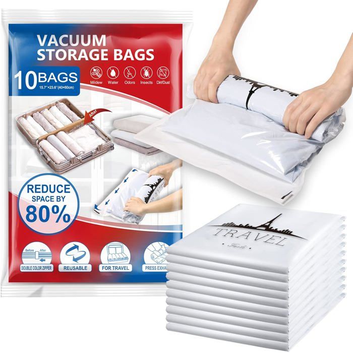 Sacs de Voyage Sous Vide Roulé à la Main 10 Pièces 60 × 40 CM Sacs de Rangement Sous Vide pour Valise Vêtements Literie