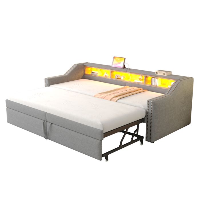 Canapé-lit rembourré extensible - RNCYN - 90/180 x 200 cm - Gris clair - Compartiments de rangement - Lumière LED