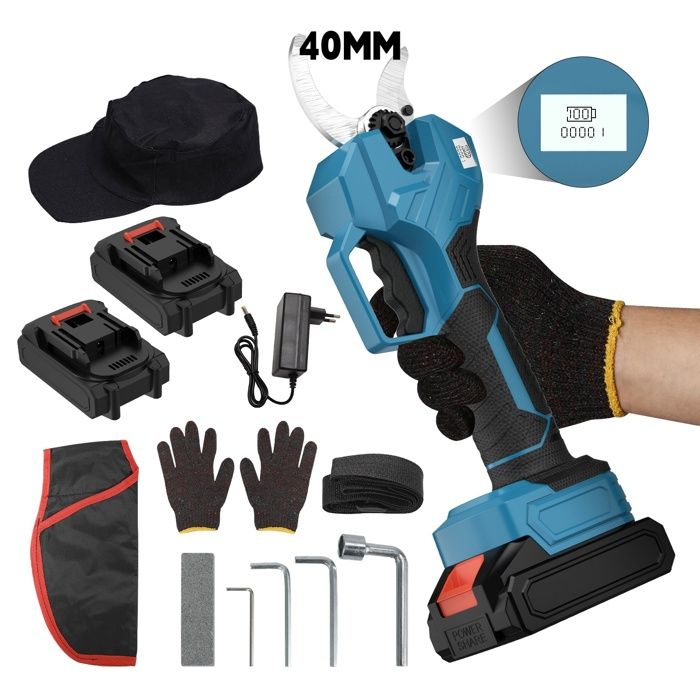Sécateur électrique sans fil Sécateur électrique sans brosse de 40MM délagage de bonsaï darbre fruitier +2 batteries avec gants