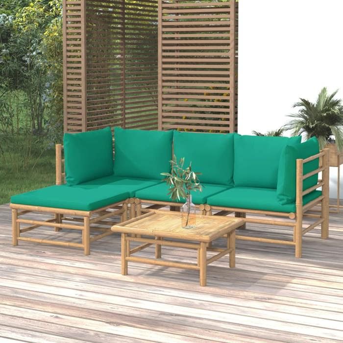 Salon de jardin en bambou - vidaXL - 5 pièces - Coussins verts - Modulaire - Bambou naturel - Table 55x65x30 cm