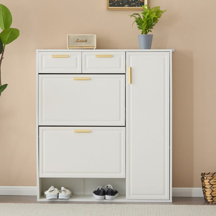 Meuble à Chaussures Moderne avec 2 Tiroirs Étagères Réglables et Compartiment Rabattable - Rangement pour 10-15 Paires - Blanc