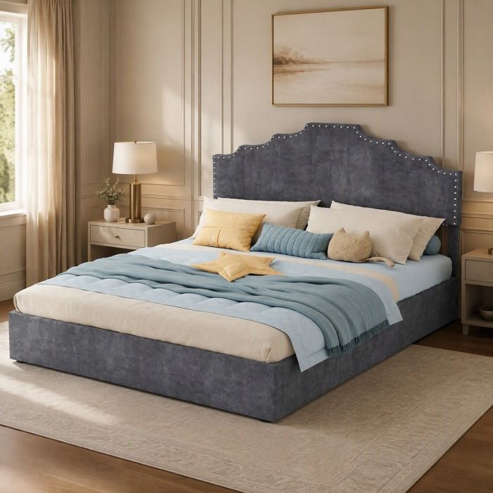 Maisentiel Lit coffre 160 x 200 cm gris avec tête de lit rembourrée cadre à lattes et vérins pneumatiques