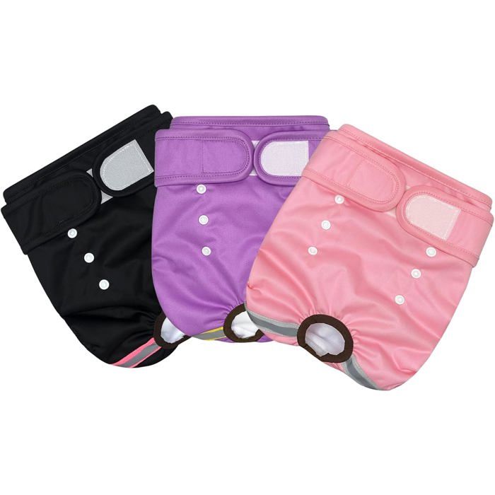 Culotte pour chienne lavable - ESTAMPILLE - 3 pièces - Hautement absorbantes - Réutilisables - Noir Rose Violet