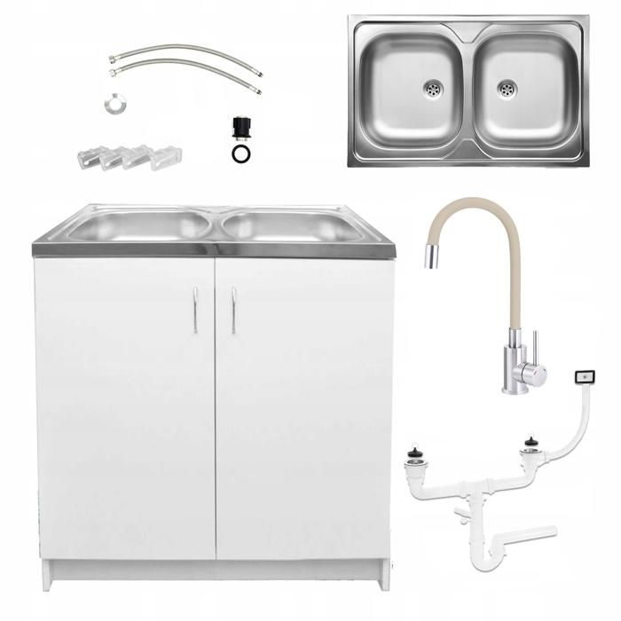 Meuble sous Évier 80 cm Blanc + Évier Deante Inox 2 Bacs + Robinet Extensible Beige + Siphon LV - 80x49x82 cm