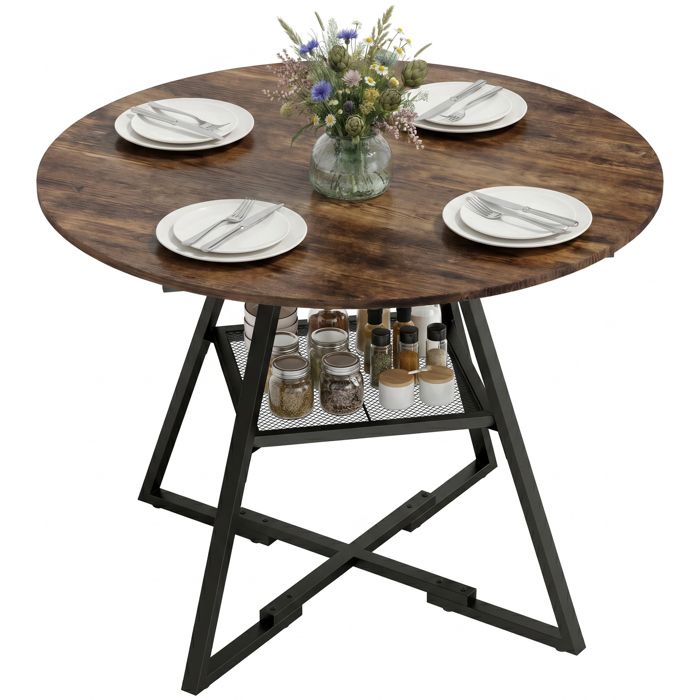 Table à manger - HOMCOM - ronde pour 4 personnes - étagère de rangement - métal et panneau de particules - Ø100x76cm - brun rustique