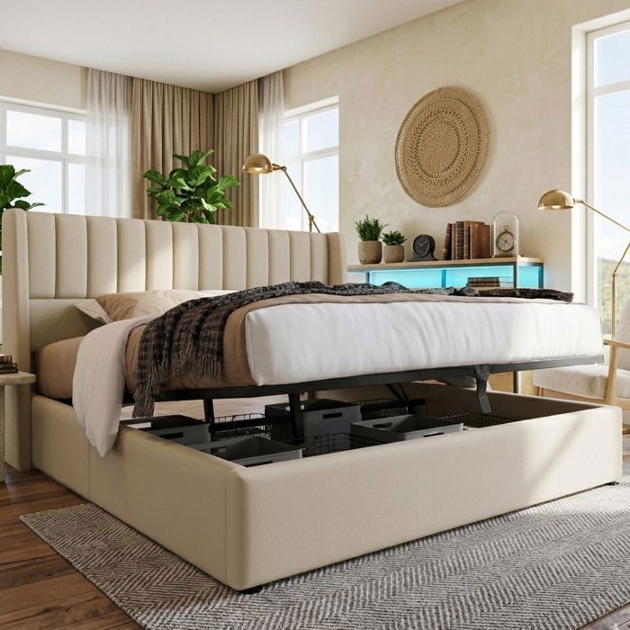 Lit coffre 160x200 cm avec grand espace de rangement lit capitonné double avec sommier à lattes en métal 2 Personnes lin beige