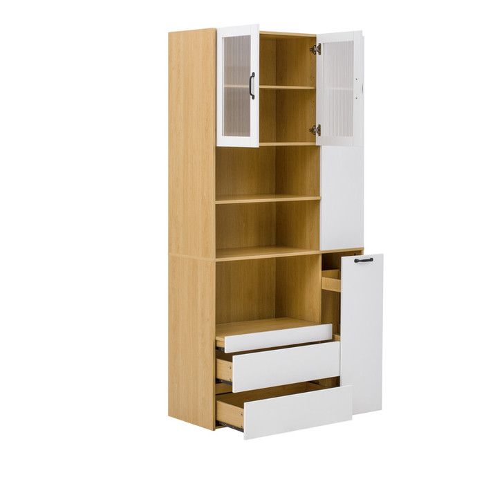 Armoire Haute Buffet Mixte Blanc Bois 100×40×200cm MDF Verre Cannelé 2 Tiroirs Multi Rangements Étagère 3 Niveaux et Roulettes
