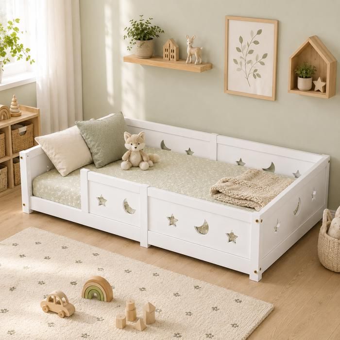 Lit enfant 140x200 cm avec sommier Lit au sol en pin massif blanc avec barrières anti-chute pour Garçon et Fille -Montage Facile