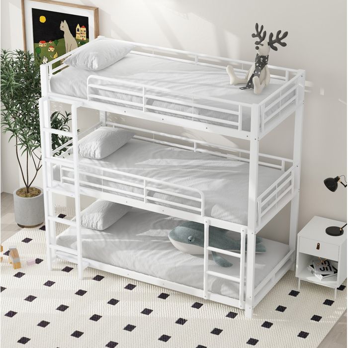 Lit Superposé Triple 90x200 cm 3 Places Lit Enfant/Ado avec 3 Sommiers Métal Blanc (Sans Matelas)