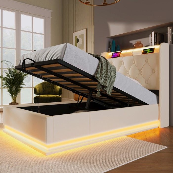 Lit capitonné - Zephmum - 90x200 LED 360° APP télécommande USB-C hydraulique PU blanc sans matelas