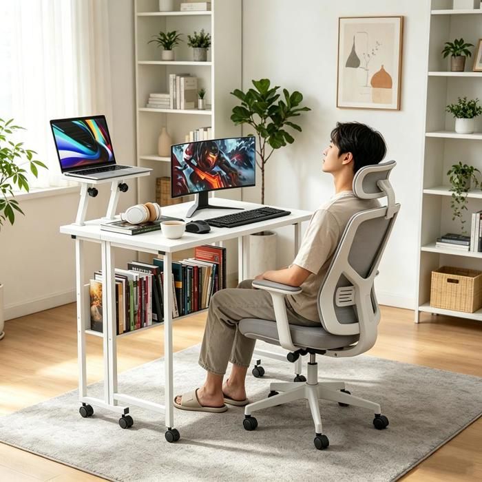Bureau à Roues Pliable Ergonomique - Rcynview - Avec Support Écran+Étagères de Rangement - pour Salon Bureau Chambre - Blanc