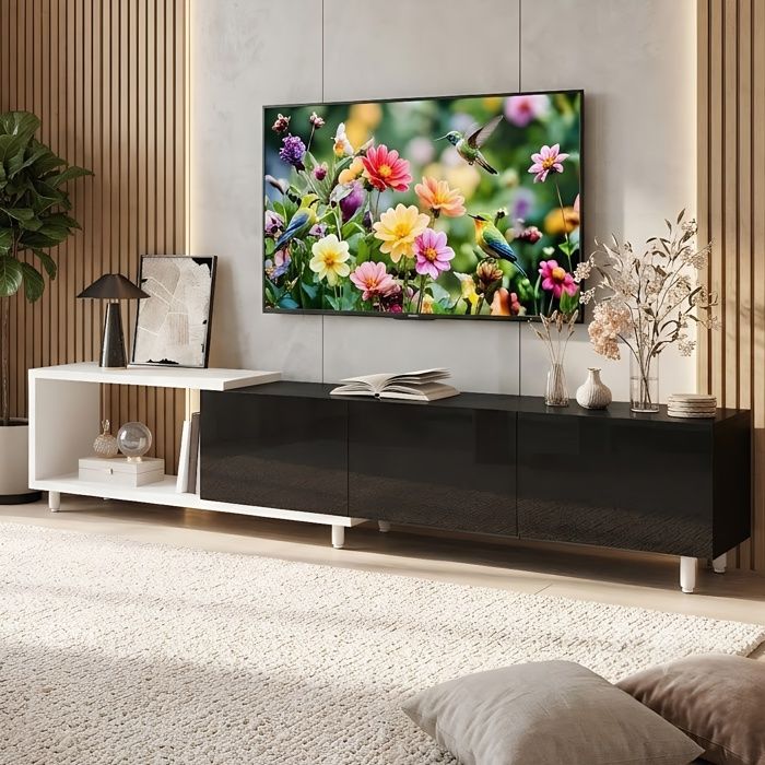Meuble TV Extensible 258cm - 3 Portes Haute Brillance - Charnières Silencieuses - Rangement Modulable - PB MDF Noir Blanc