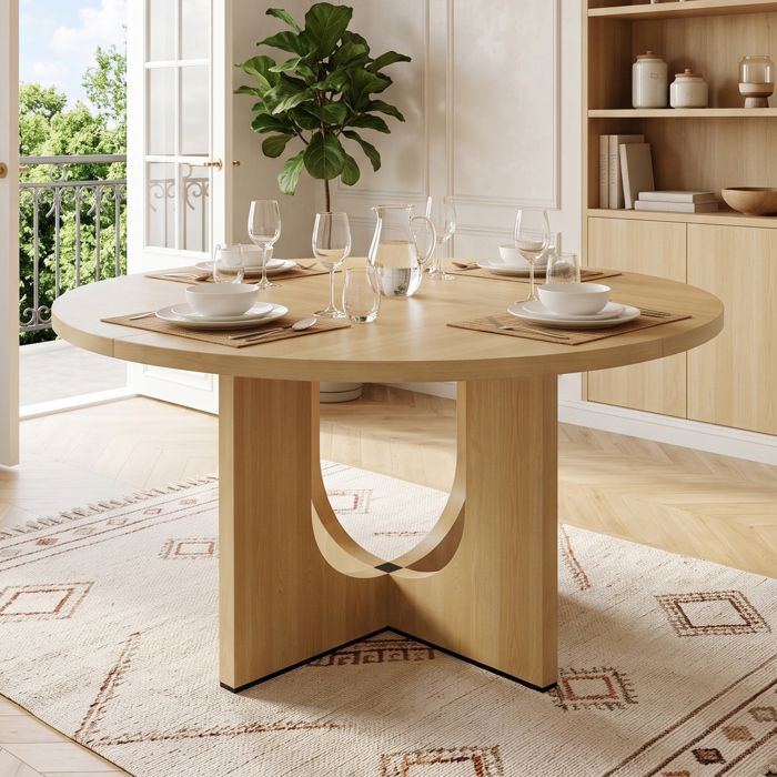 Table ronde 120×120 cm pour 4 à 6 personnes style scandinave minimaliste adaptée au salon et à la salle à manger finition chêne