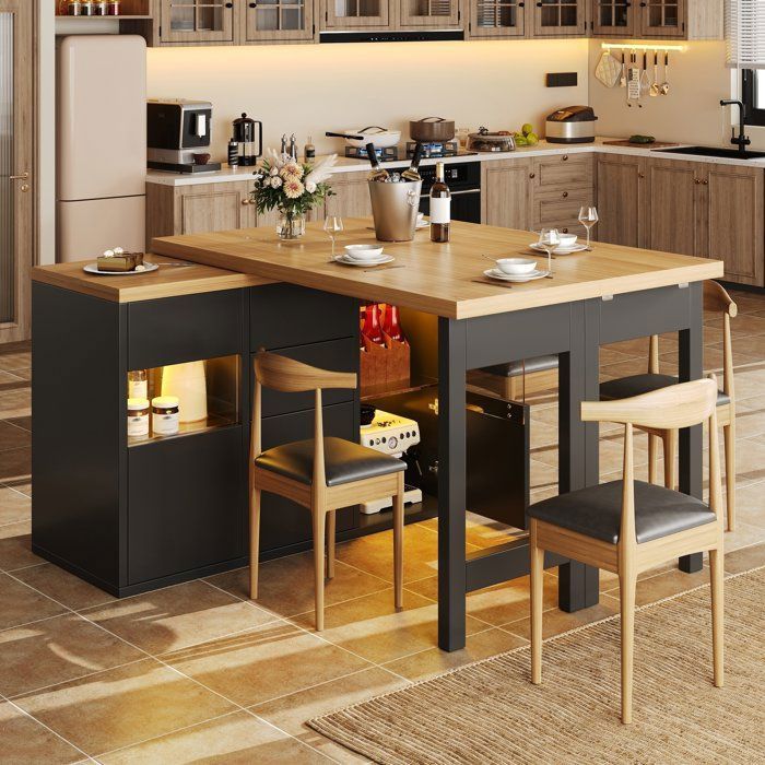 Îlot Central de Cuisine Pivotant à 360° avec Table Manger Extensible 120-197 cm LED et 4 Tiroirs Noir
