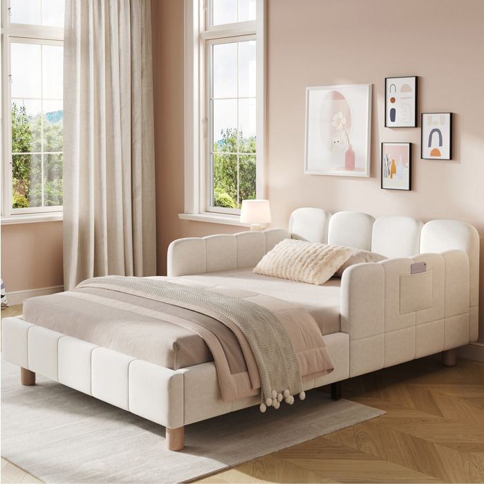 Lit enfant 90 x 200 cm en velours beige avec tête de lit rembourrée protection antichute et sommier à lattes