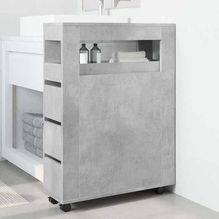 Meuble étroit de salle de bain à roulettes - COCO - bois dingénierie - gris béton - 65x23x90 cm&49826