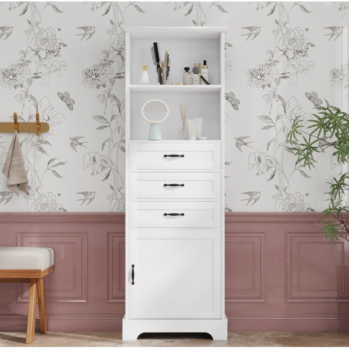 Armoire de Salle de Bain avec 1 Porte 3 Tiroirs et 2 Niches Ouvertes - en MDF Laqué - 56×25 6×167 cm - Blanc