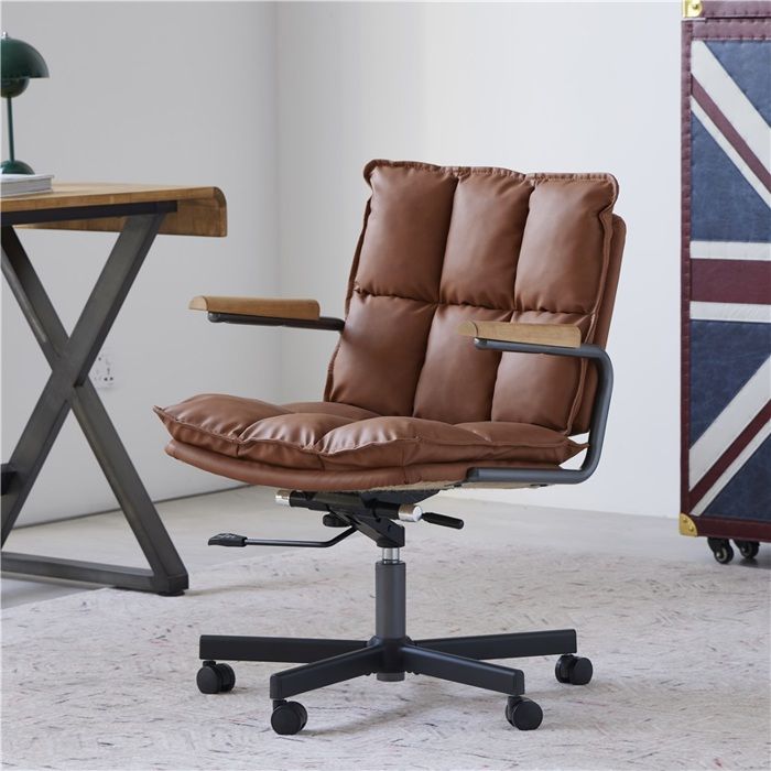 Chaise de bureau haut de gamme en cuir véritable ergonomique hauteur réglable roulettes + accoudoirs en chêne naturel