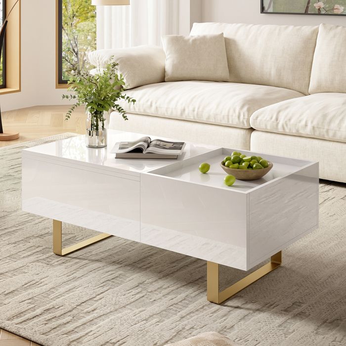 Table basse blanche réglable MDF avec rangement finition brillante tiroirs et pieds en fer table de salon moderne