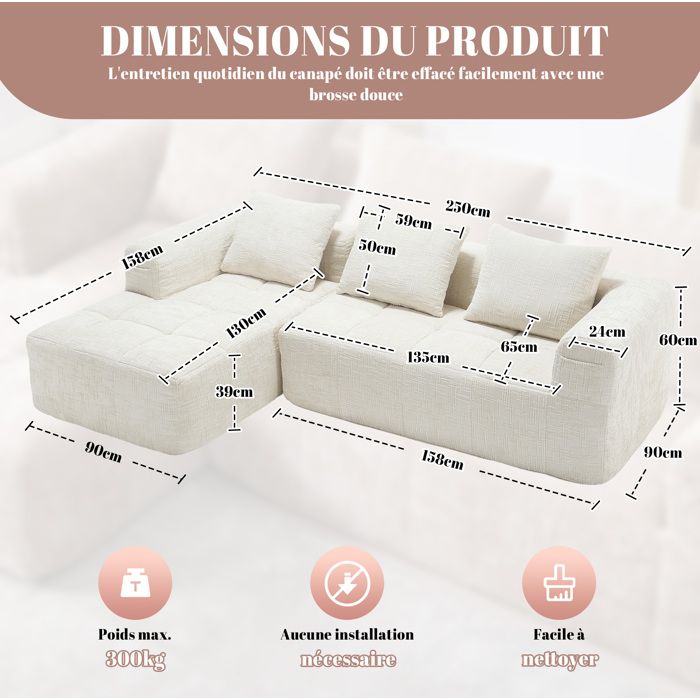 SENVIRO canapé d’angle modulable 3 places 250 x 158 x 60 cm chenille beige méridienne 3 coussins