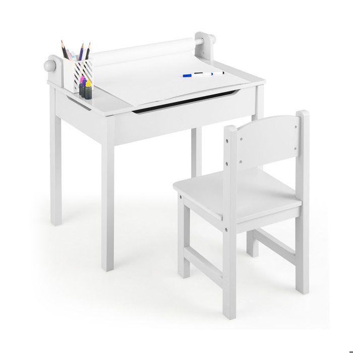 Montage facile ensemble table et chaise enfant avec rangement dérouleur de papier et plateau relevable blanc