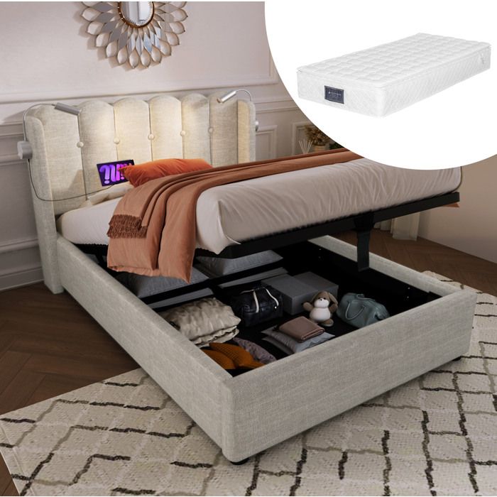 Lit coffre 90x200 avec rangement lampe de lecture et USB tête de lit en lin beige sommier à lattes FOLYNA