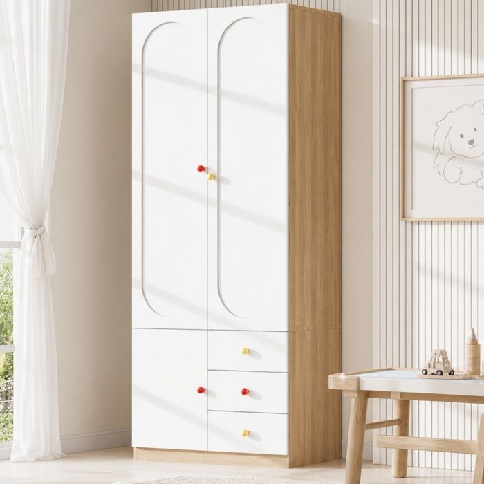 Armoire enfant 2 portes AESVAR avec 3 tiroirs penderie blanc laqué MDF