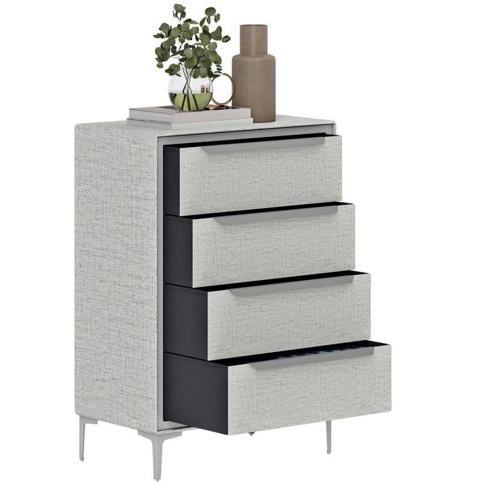 Commode 4 Tiroirs en Acier et Tissu Effet Lin Chiffonnier pour Chambre et Salon Gris 60x36x88 cm