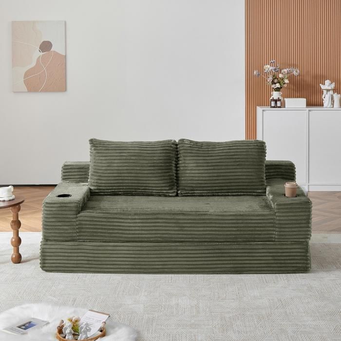 Canapé 2 places Convertible - 180x170x62cm - Canapé Lit Pliant 2 en 1 Velours Côtelé Porte-Gobelets Poches - Vert